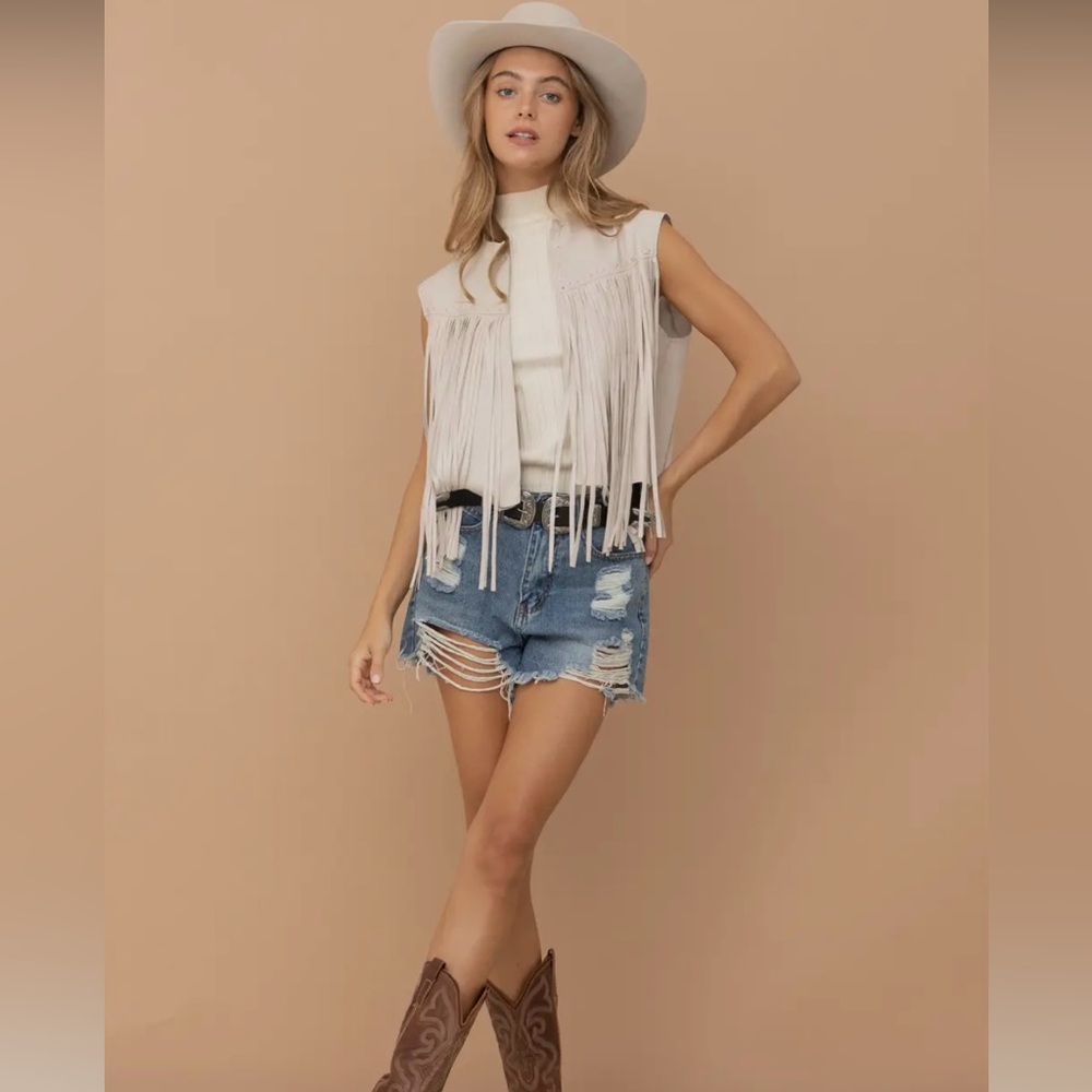 Color is stone.  Faux Leather Fringe Braided Yoke Crop
Waist Length Vest